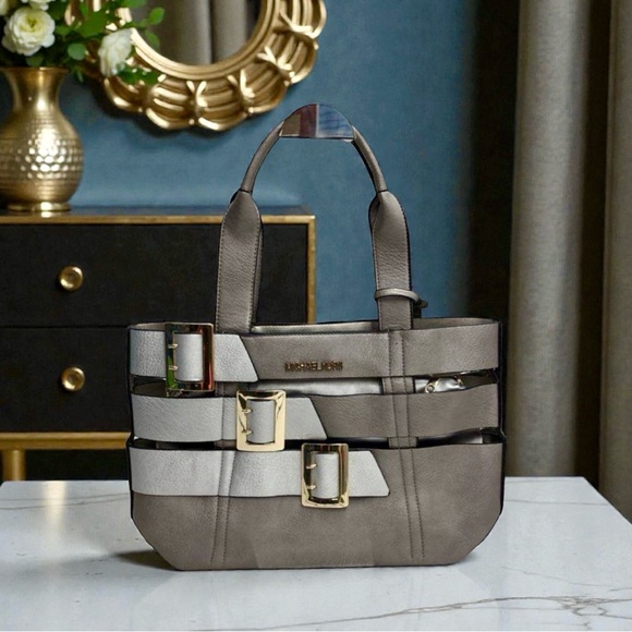 Michael Kors Handbags - Michael Kors Gray & Silver Caged Tote Shoulder Bag with Gold Buckle Straps